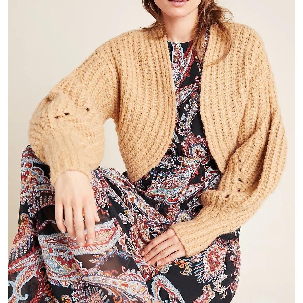 Anthropologie Rae Cropped Cardigan Sweater Open Front Balloon Sleeve Tan Medium